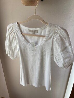 LOFT Scoop Neck Ribbed Top w/ Puffy Sleeves